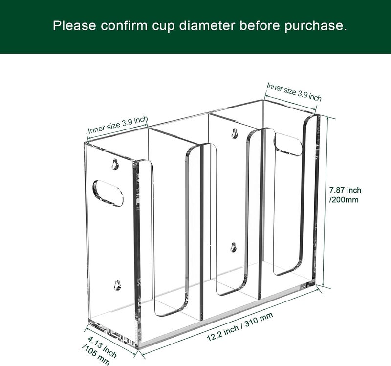 BOSSCASA Disposable Coffee Cup Dispenser with Handles, Countertop or Wall Mount Hot/Cold Drink Cup and Lid Holder - Bathroom/Kitchen/Office Acrylic Cup Lid Storage Organizer (3 Compartments, Clear) - Image 2
